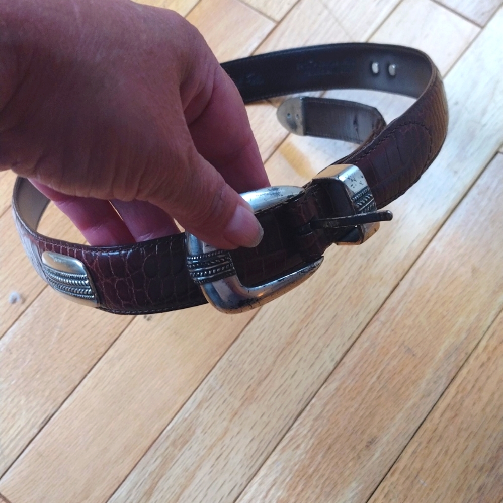 - -Brown croc leather belt with genuine silver decorative plaques and buckl…